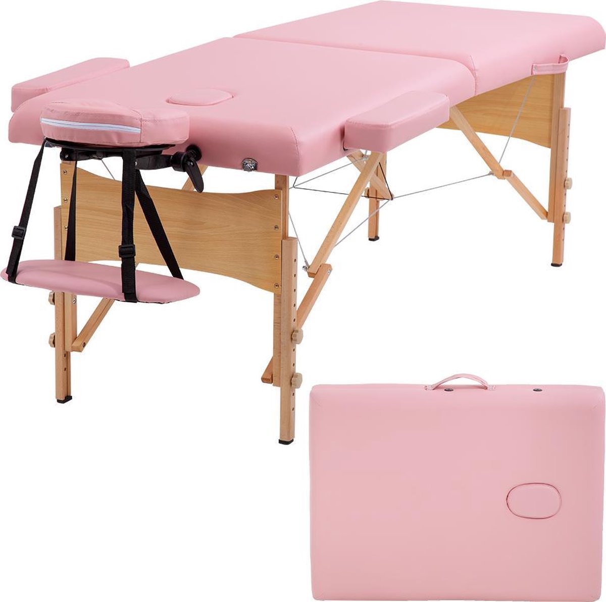 BestMassage MT-T1-Pink, Massagetafel draagbaar massagebed, 186 cm, hoogte verstelbaar en tweevoudig opklapbaar, met draagtas, Roze